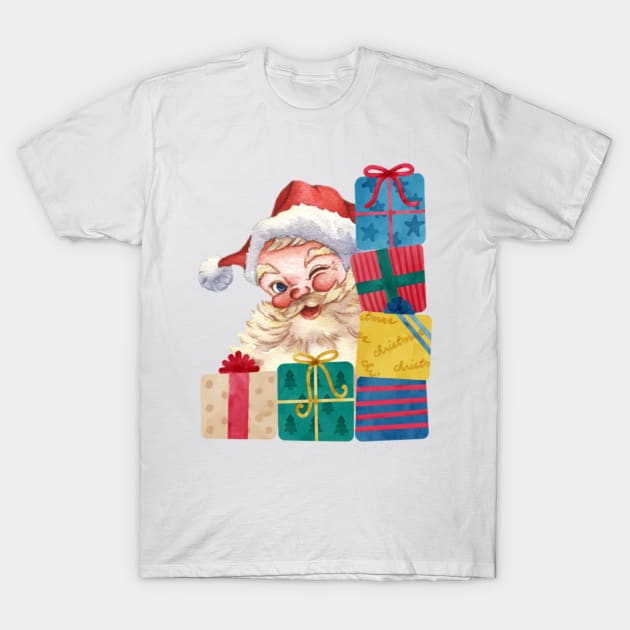 Funny Santa Claus Peaking And Winking With Gifts T-Shirt by aspinBreedCo2